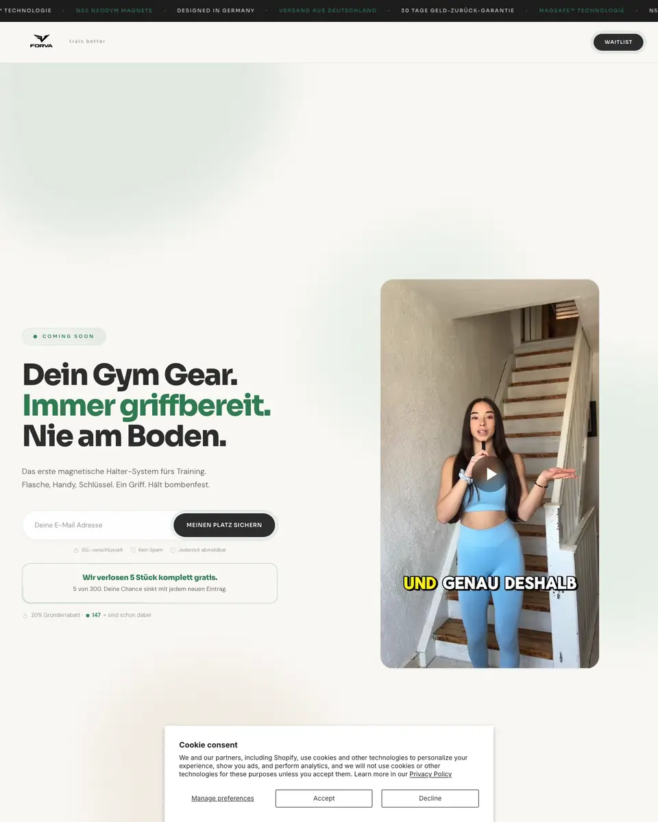 Startseite des FORVA-Shops mit dem Claim „Dein Gym Gear. Immer griffbereit. Nie am Boden.“