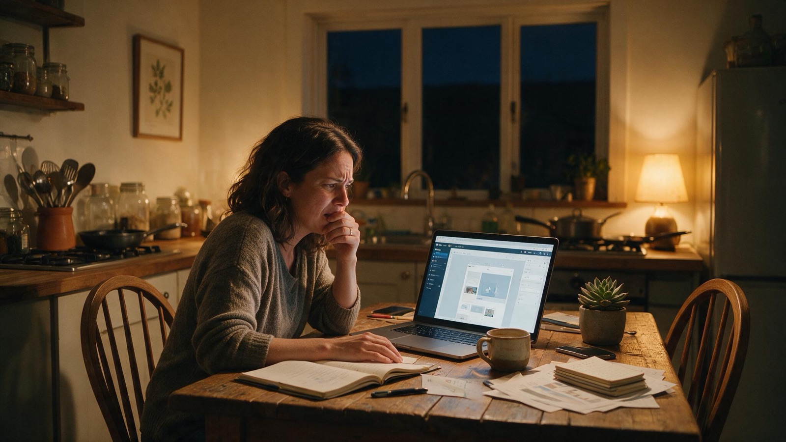 Laptop mit Homepage-Baukasten neben einem Notizblock mit Stundenliste, Vergleich Website selbst bauen oder machen lassen