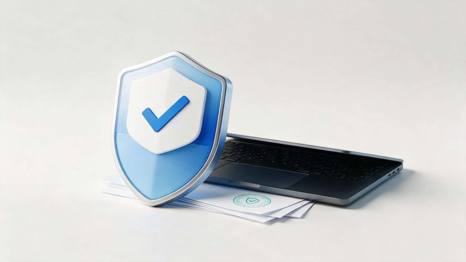 Laptop mit geöffneter Firmen-Webseite, daneben Ausdruck einer Datenschutz-Checkliste