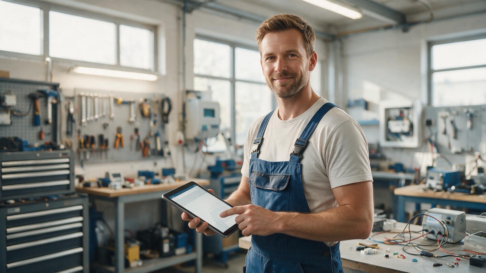 Elektromeister prüft auf einer Baustelle die neue Handwerker-Webseite auf dem Smartphone