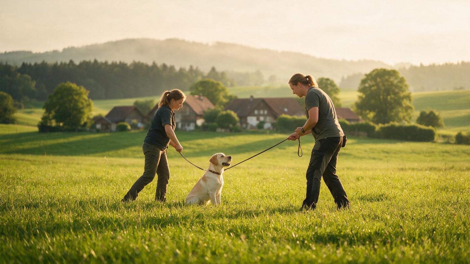 Hundetrainerin mit Welpe auf dem Trainingsplatz, daneben die Kursseite ihrer Hundeschule auf dem Smartphone