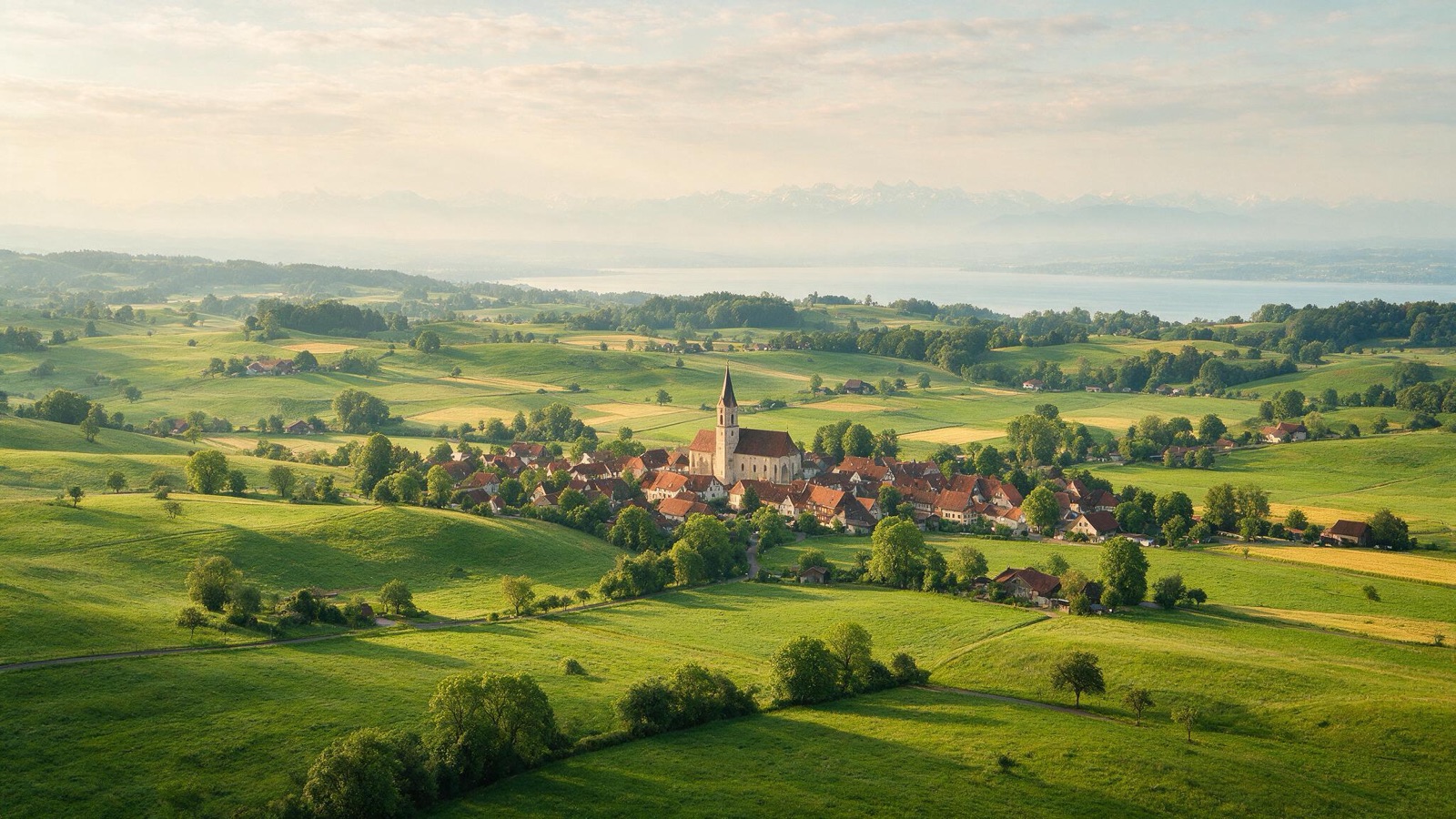 Oberschwäbische Landschaft mit Hügeln, Dörfern und Blick Richtung Bodensee und Alpen