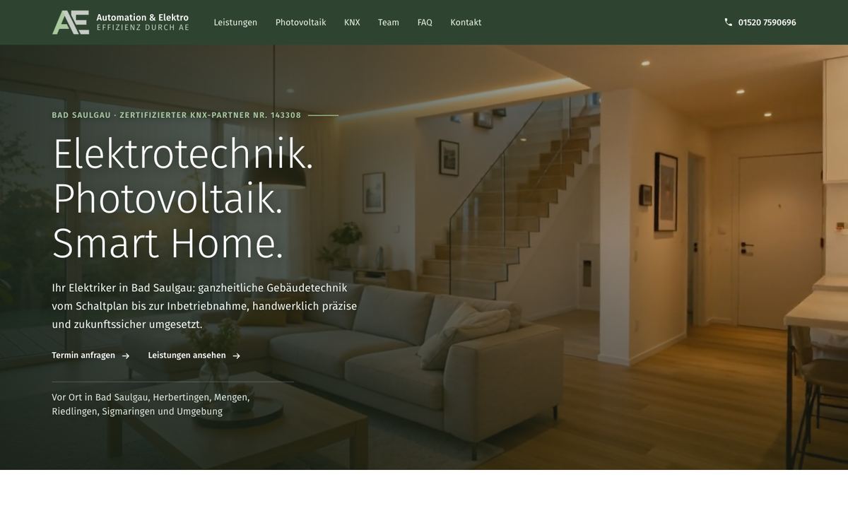 Website AE Automation und Elektro, komplette Startseite