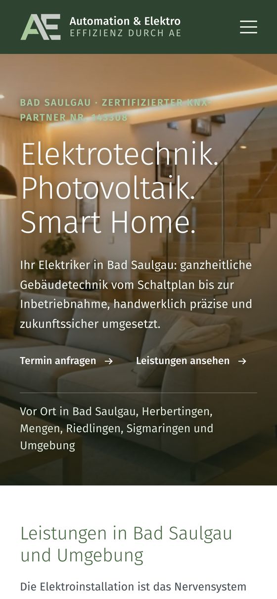 AE Automation und Elektro, neue Website von Strivera auf dem Handy