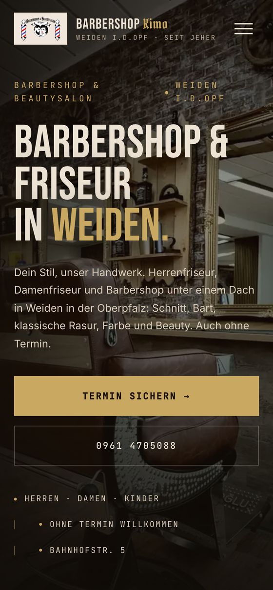 Barbershop und Beautysalon Kimo, neue Website von Strivera auf dem Handy