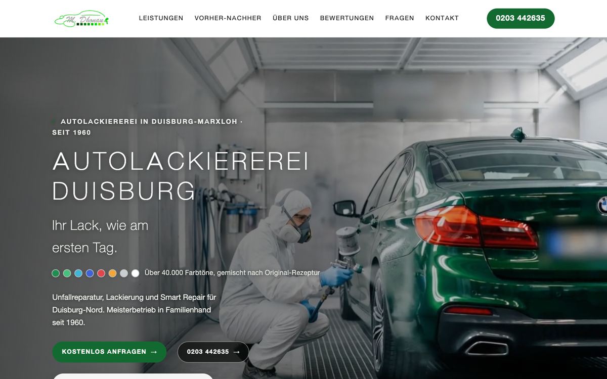 Website Autolackiererei Dhonau, komplette Startseite