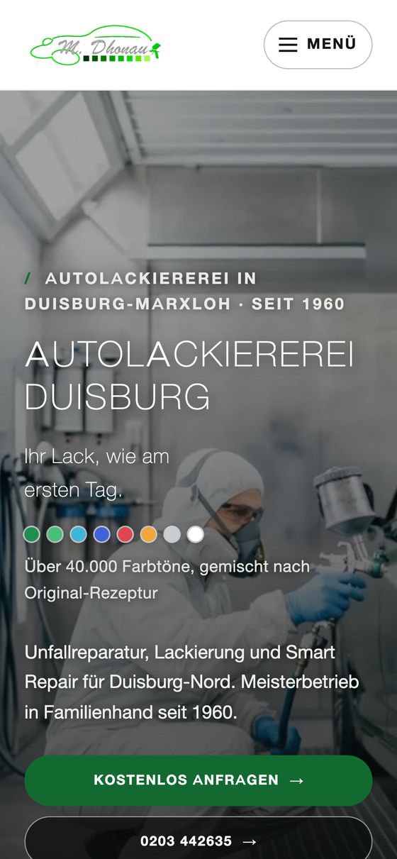 Autolackiererei M. Dhonau, neue Website von Strivera auf dem Handy