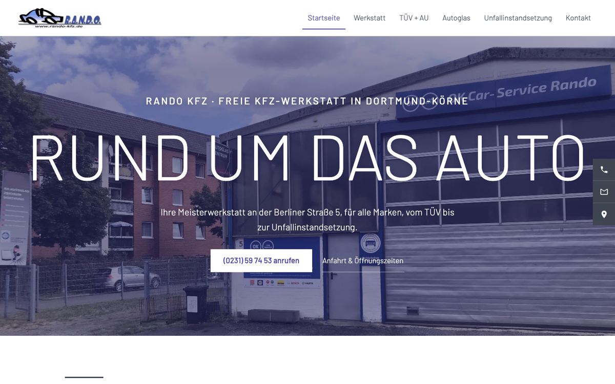 Website Rando Kfz, komplette Startseite