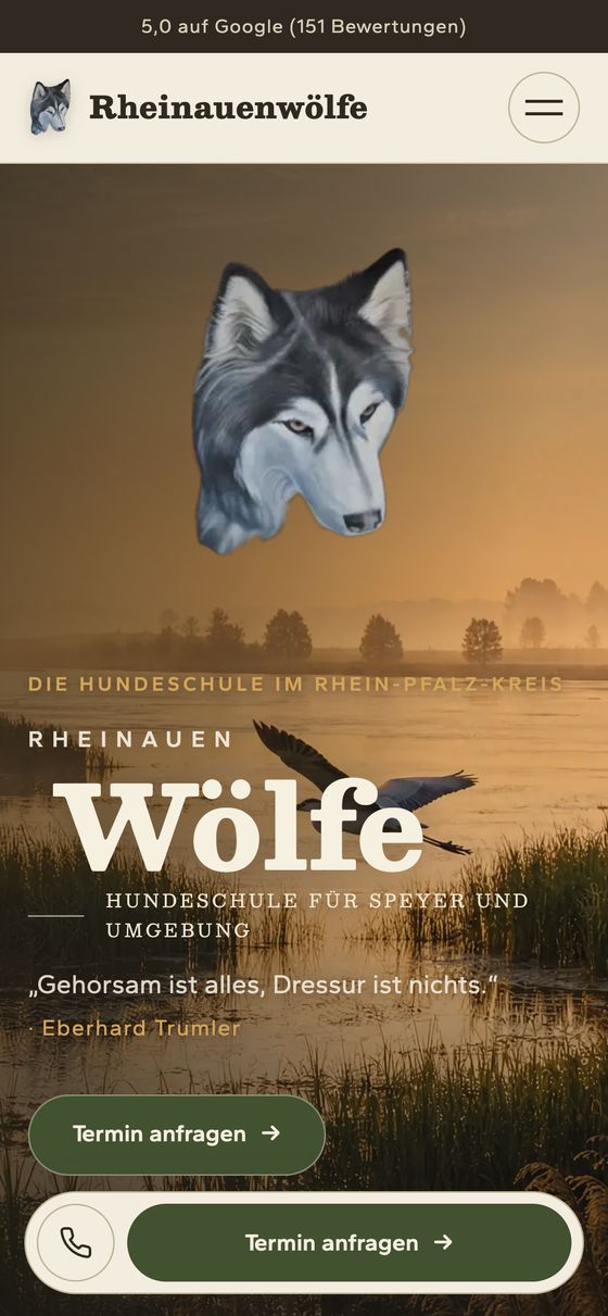 Hundeschule Rheinauenwölfe, neue Website von Strivera auf dem Handy