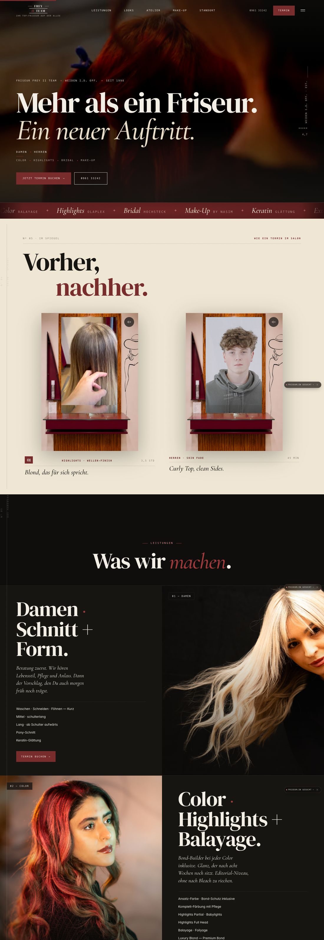 Website Frey II Team Salon, Teil 1: Hero und Vorher-Nachher