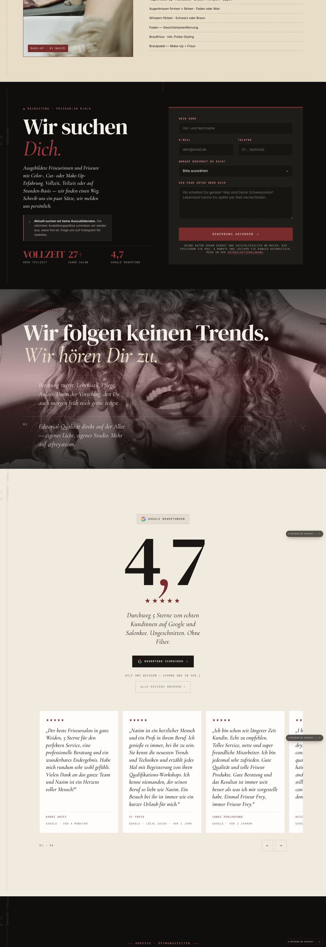 Website Frey II Team Salon, Teil 3: Galerie und Team