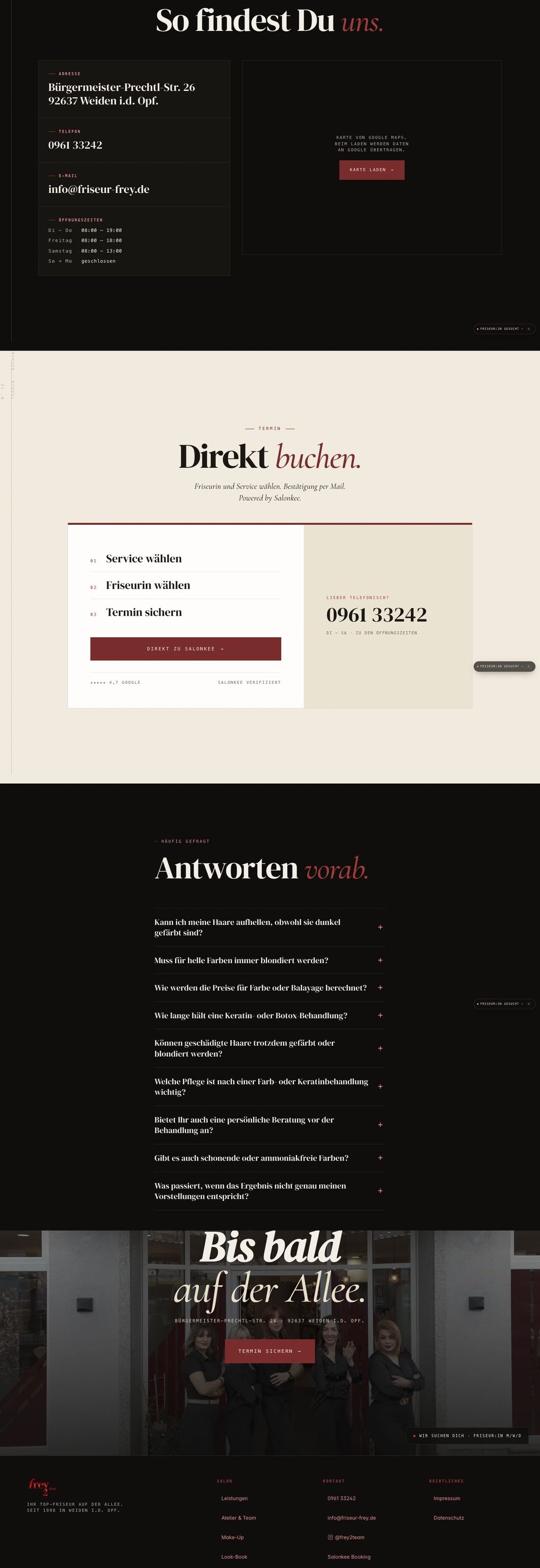 Website Frey II Team Salon, Teil 4: Bewertungen und Kontakt
